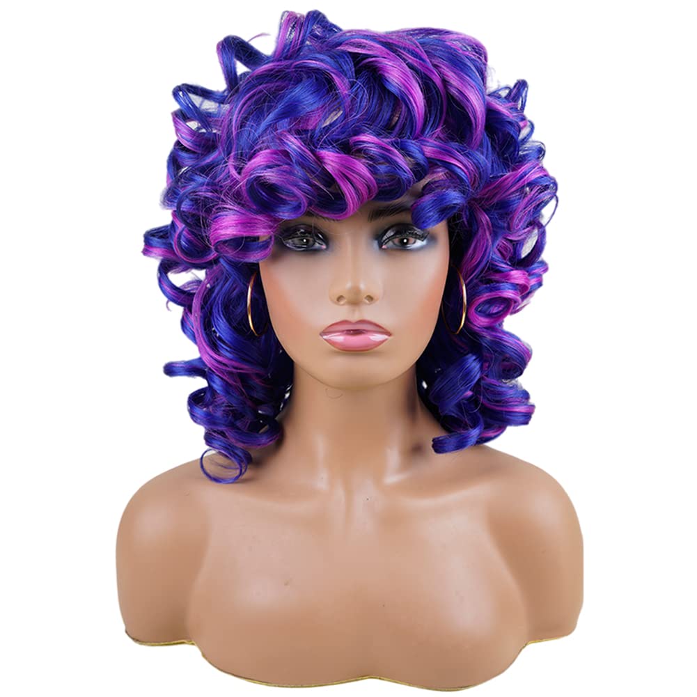 Andromeda Short Curly Wigs For Black Women Soft Mixed Blue Purple Big Curly Wig With Bangs Cute Loose Curly Cosplay Party Daily
