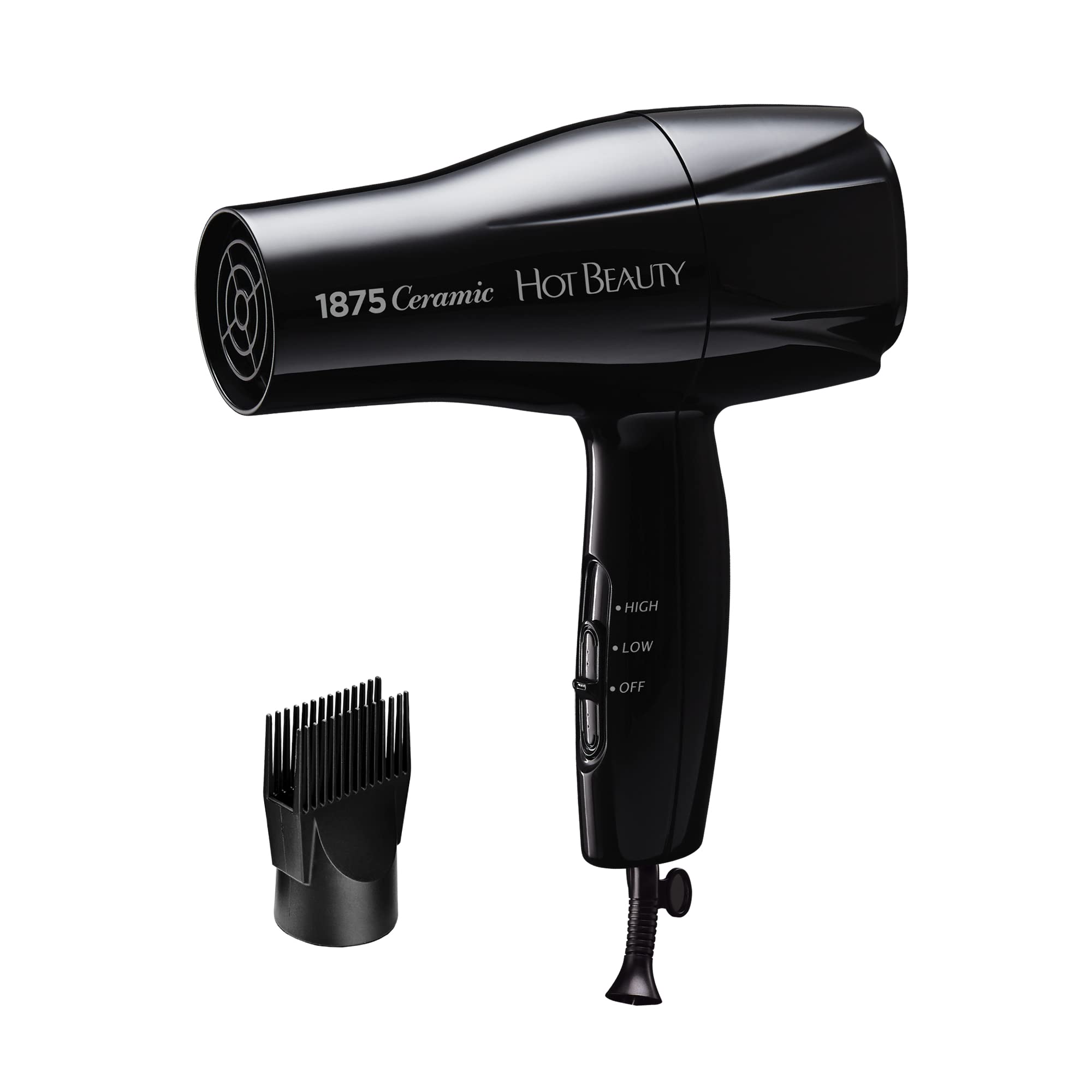 Hot Beauty 1875 Ceramic Hair Dryer, Powerful Fast Drying, MultiSetting with Comb Attachment, Additional Detangler Included, Sli