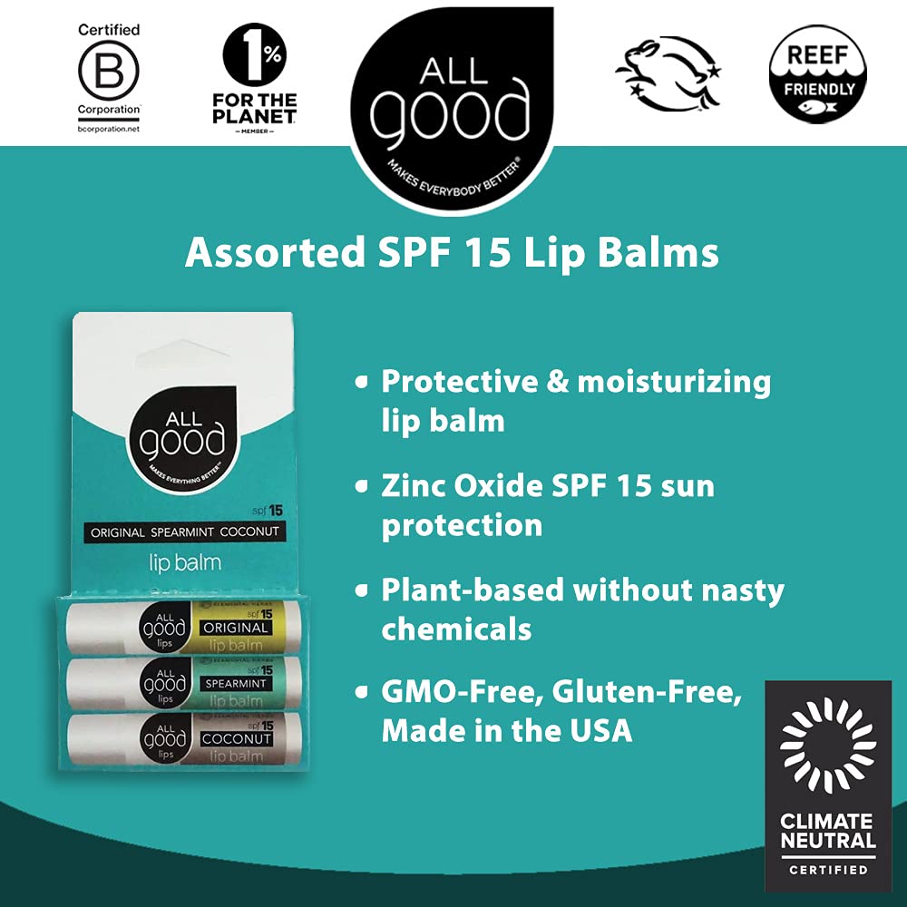 All Good Organic SPF15 Lip Balm - Hydrating Lip Care with Olive Oil, Beeswax, Calendula, Lavender, Vitamin E - Lip Moisturizer w