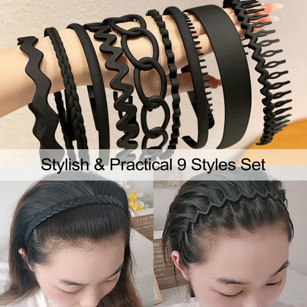 TOBATOBA 9Pcs Black Plastic Headbands, Hairbands for Women's Hair, Thin Headbands Comb Hair Accessories for Women Girls