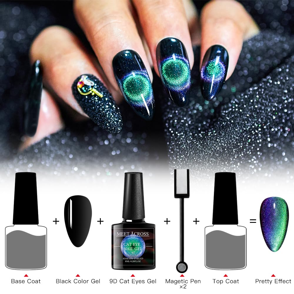 MEET ACROSS 9D Cat Eye Gel Nail Polish Set, 7 Piece Kit, Starry Sky Effect, 6 Colors, Includes Magnet Stick, Black