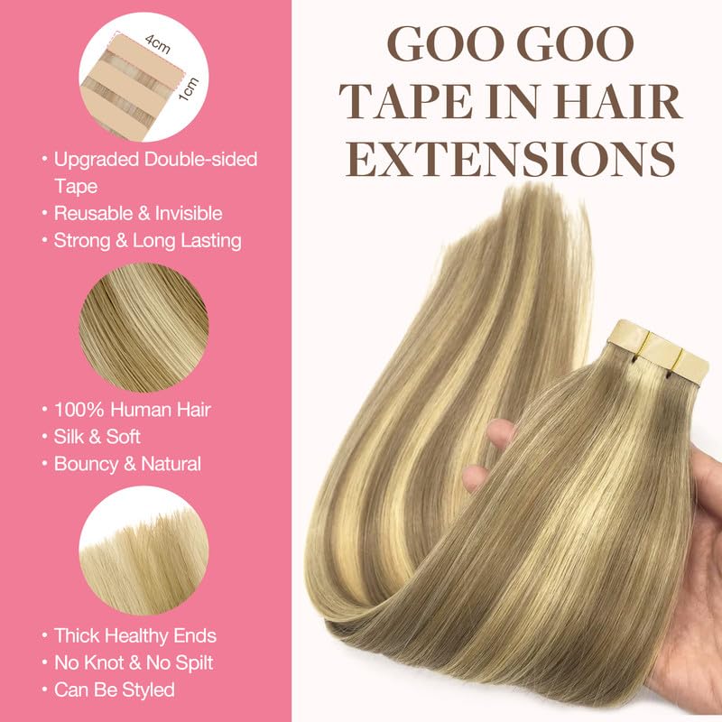 Goo Goo Tape In Hair Extensions Human Hair, 16/22 Light Blonde Highlighted Golden Blonde, 18Inch 25G 10Pcs, Thick Ends Straight