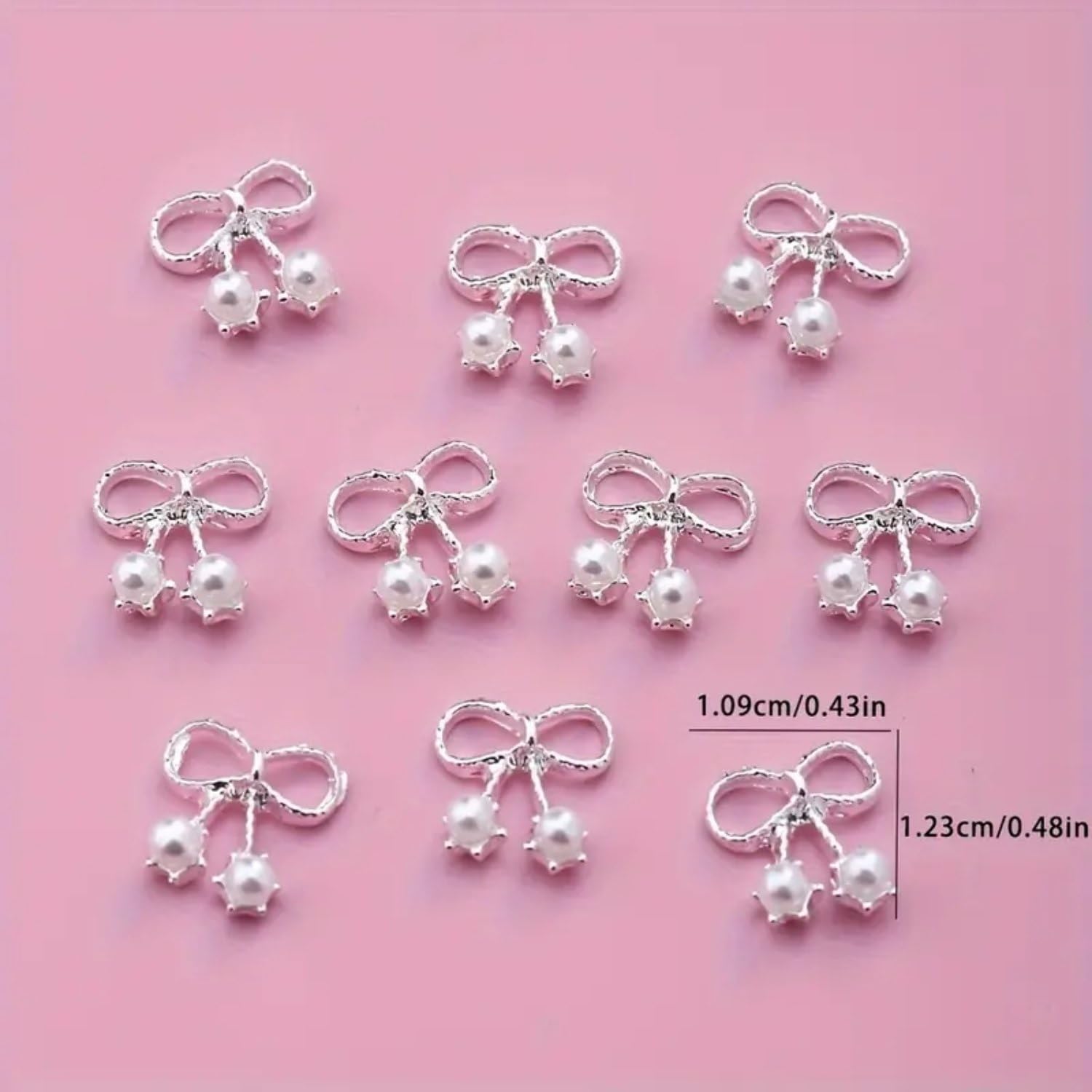 10Pcs Bow Nail Charms For Nail Art, 3D Silver Alloy Bowknot Nail Rhinestones With Pearls Design Cute Metal Crystal Nail Art Char