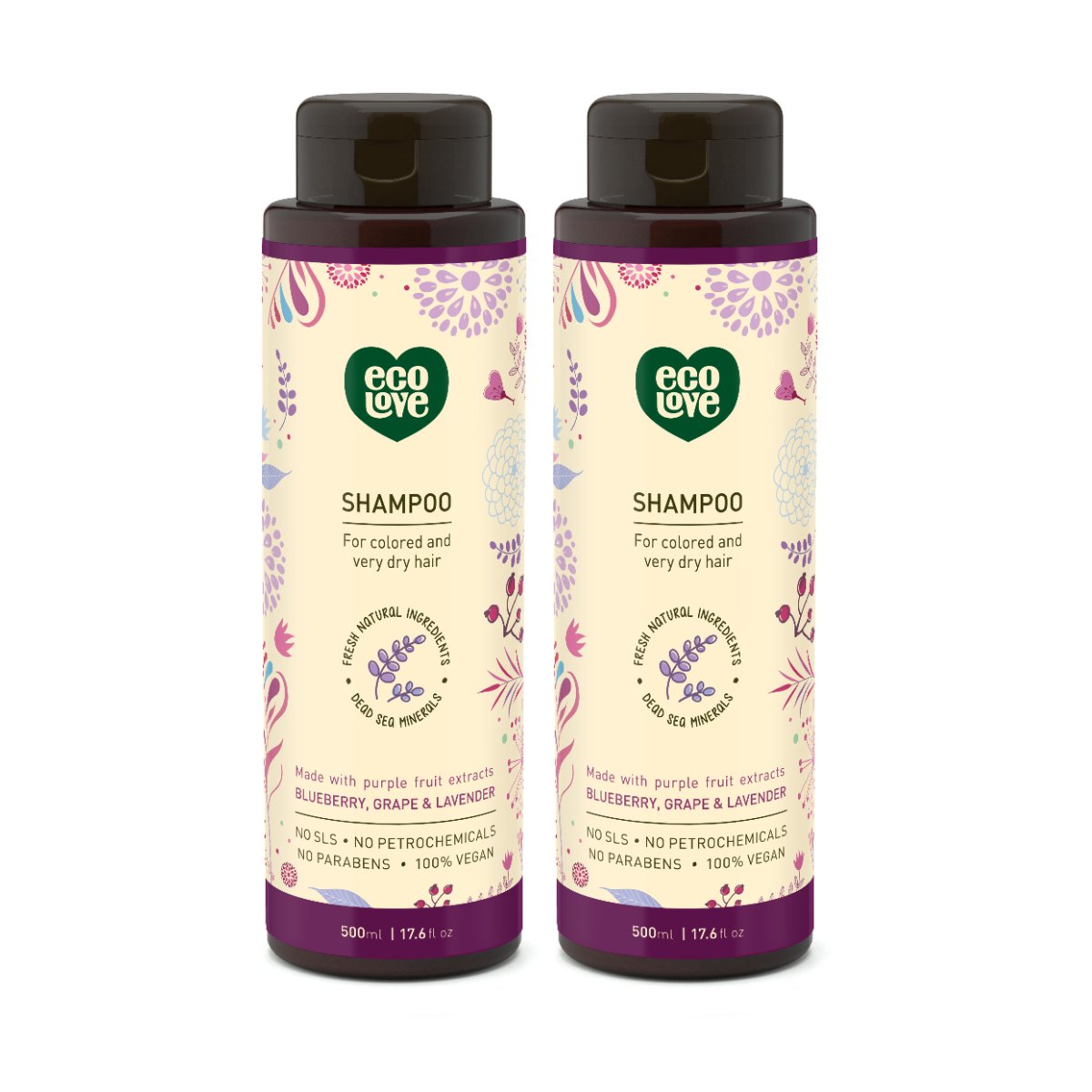 ecoLove 100% Vegan Shampoo Organic blueberry, grape & lavender For colored and very dry hair | 2 Pack (2 x 17.6 oz.)