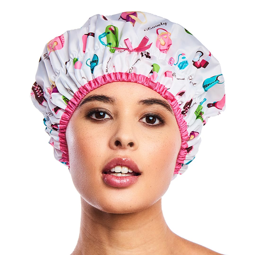 Reusable Shower Cap & Bath Cap, Lined, Oversized Waterproof Shower Caps Large Designed For All Hair Lengths With Lining & Elasti