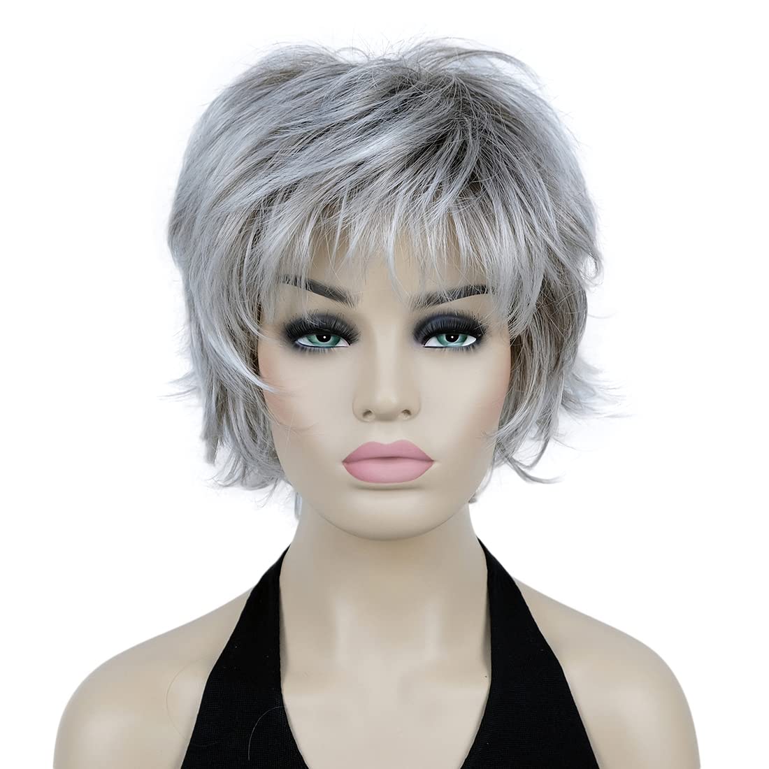 Lydell 8 Short Layered Shaggy Wavy Full Synthetic Wigs (48T Light Gray with Dark Root)