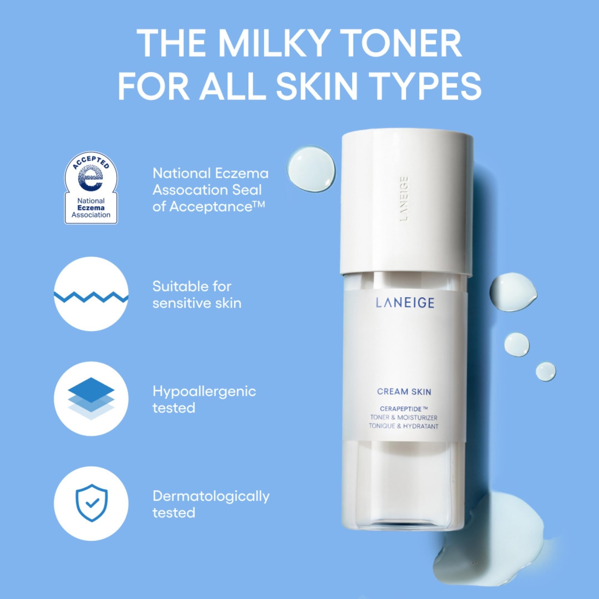 LANEIGE Cream Skin Refillable Toner & Moisturizer Mini Mist Spray with Ceramides and Peptides: Korean Milky Toner, Amino Acid, N