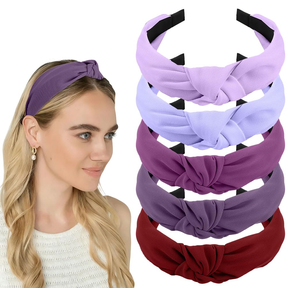 AHONEY 5 Pack Purple Knotted Headbands for Women Trendy Fashion Thick Headbands Top Knot Non Slip Cute Hair Accessories Headband