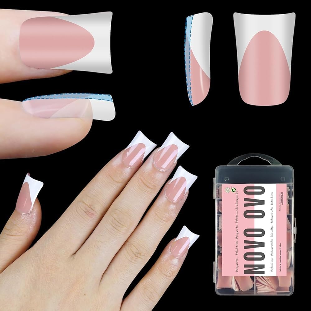 NOVO OVO White French Tip Short Duck Nail Tips Press on, BABY PINK Pre-designed Soft Gel Nail Extension, Extra thick Full Cover 
