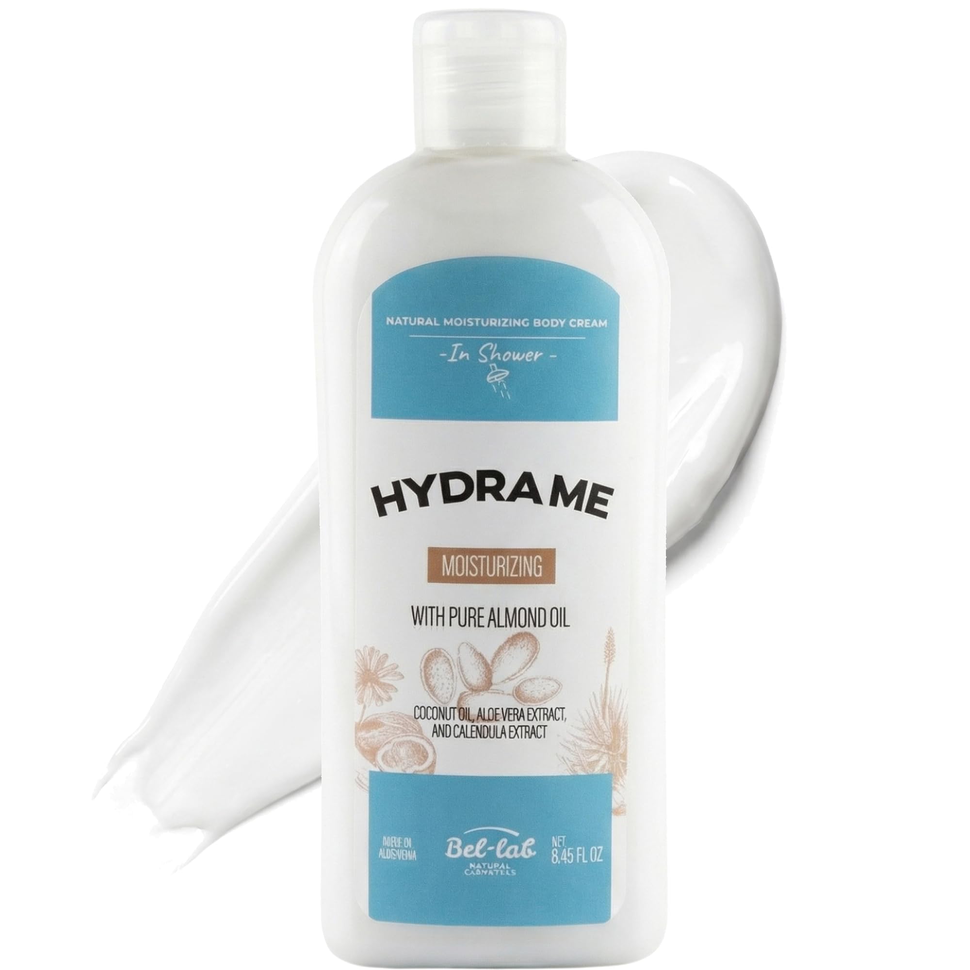 Bel Lab Hydra Me In Shower Body Lotion - Rinse Off Moisturizer for Wet Skin with Coconut Oil, Almond Oil & Aloe - Lightweight Hy