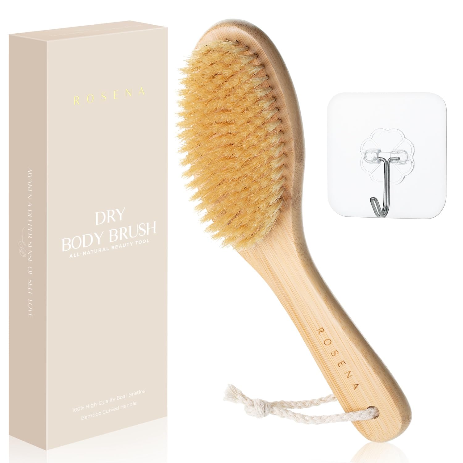 Dry Brushing Body Brush with Curved Handle, Natural Bristles, Exfoliating