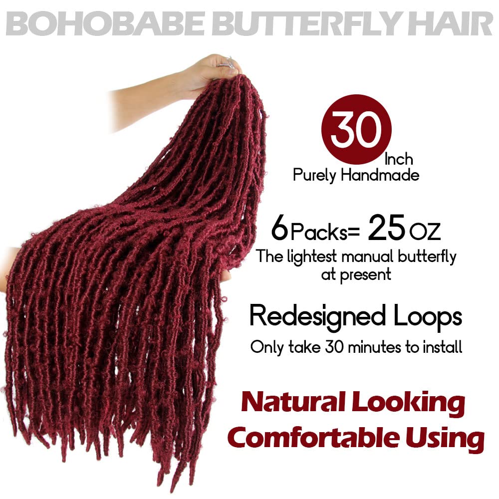 30 Inch Light Weight Butterfly Locs Crochet Hair 6 Packs Long Burgundy Distressed Butterfly Faux Locs Crochet Hair,118#