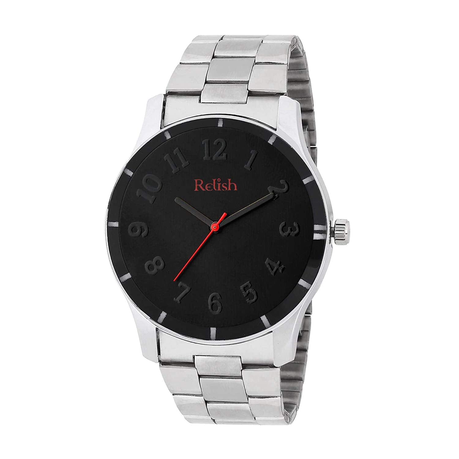 Relish MenS Black Stainless Steel Case Leather Strap Analog Display Quartz Watch