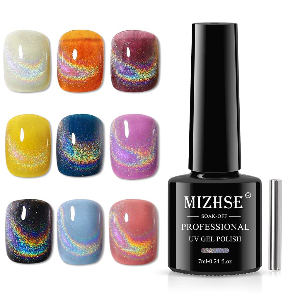 Mizhse Universal Rainbow Cat Eye Gel Nail Polish, Holographic 9D Cat Eye Magnetic Gel Polish With Magnet Stick, Shiny Glitter Ch