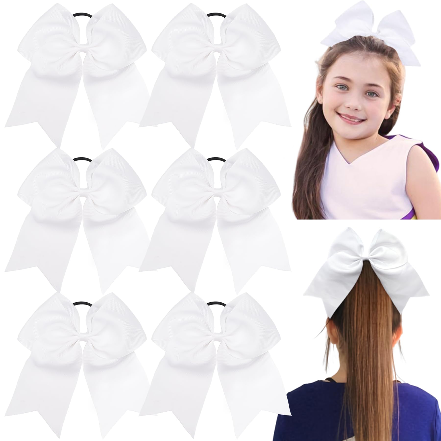 JOYOYO 6Pcs 8 Large Cheer Bows for Girls Ponytail Holder Black Grosgrain Ribbon Cheerleading Bows Elastic Hair Tie Bands for Bab