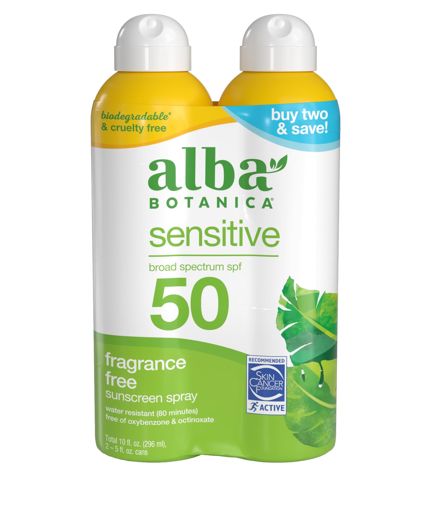 Alba Botanica Sensitive Sunscreen Spray For Face And Body, Fragrance-Free, Broad Spectrum Spf 50, Water Resistant, 5 Fl Oz Bottl