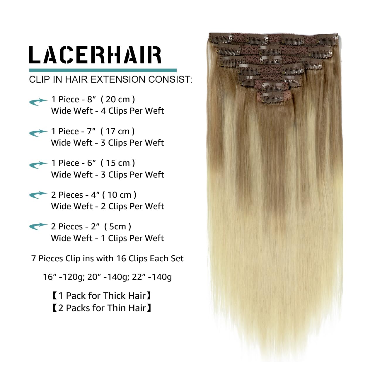 Lacer Balayage Clip In Hair Extensions B#8/60 Light Brown Fading To Platinum Blonde Color Remy Human Hair Extensions Clip In Rea