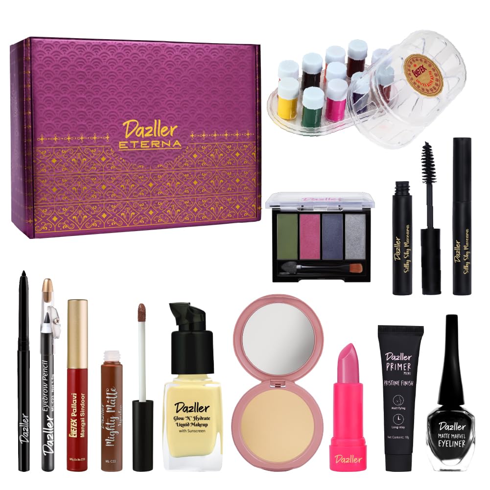 Dazller Grand Glam Kit - Fair Skintone, All-In-One Makeup Set With Primer, Liquid Foundation, Kajal, Mascara, Eyeshadow & More, 
