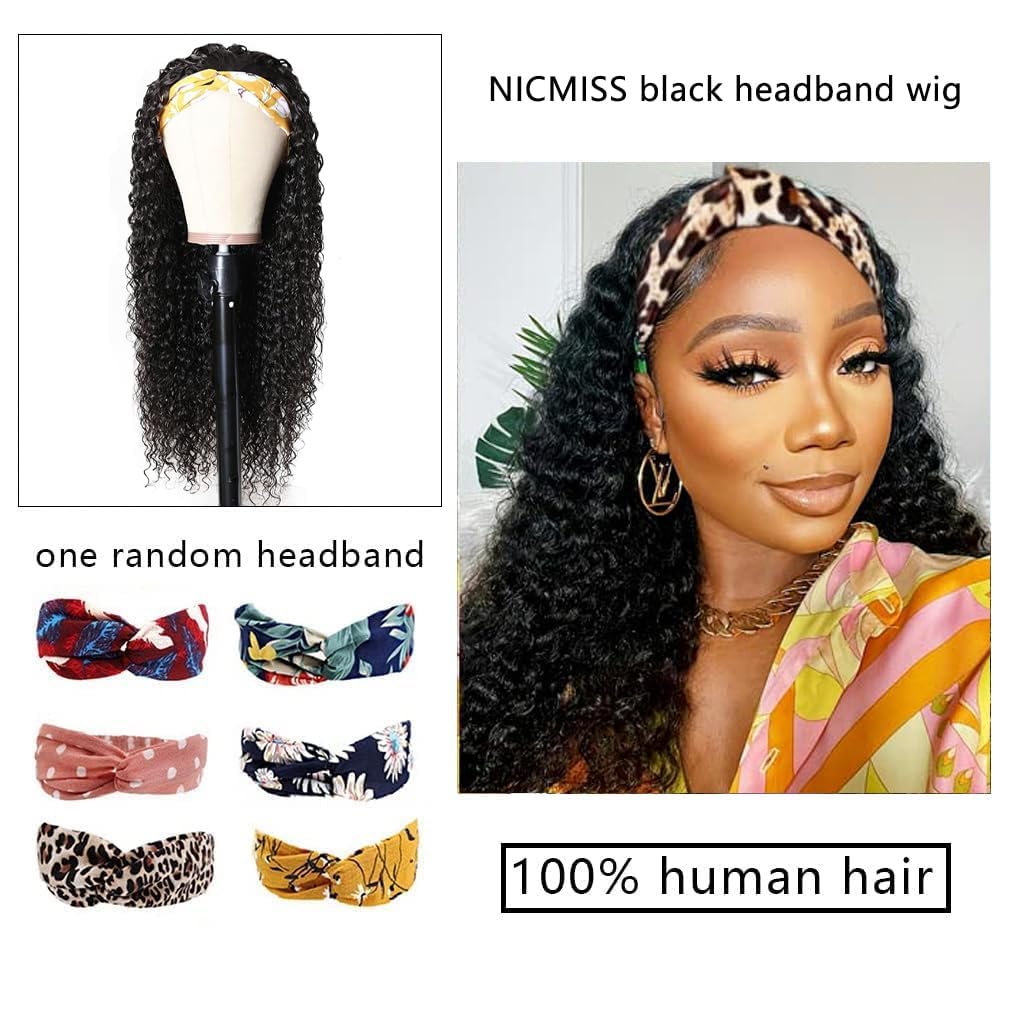 Nicmiss Deep Wave Headband Wig Human Hair 24 Inch Curly Headband Wigs For Black Women Human Hair Glueless None Lace Front Wig Br