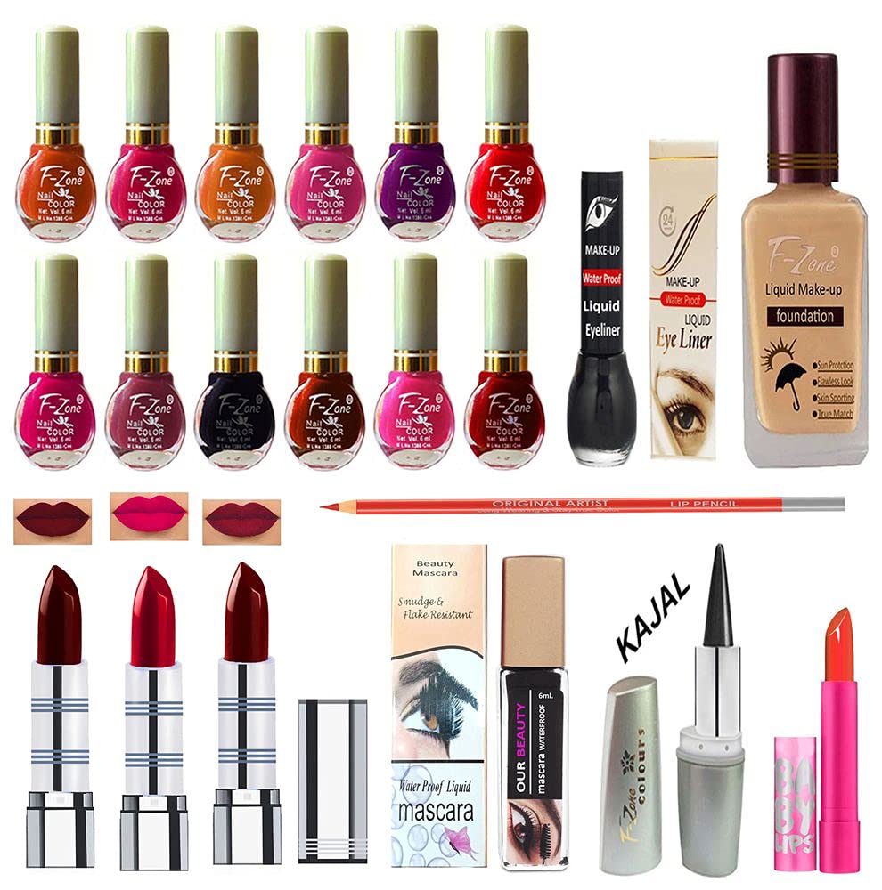 F Zone Makeup Kit With 12 Nail Polish Eye Liner Foundation 3 Lipstick Mascara Lip Balm And Kajal Vc96