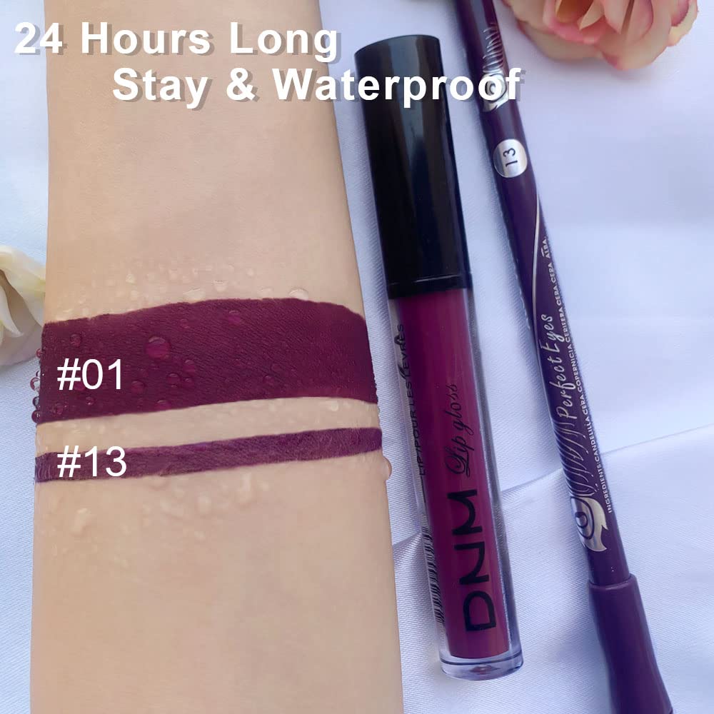 Evpct 2Pcs Purple Plum Matte 24-Hour Liquid Lipstick And Lip Liner Pencil Makeup Set Women Dnm Dark Red Bright Berry Liquid Lips