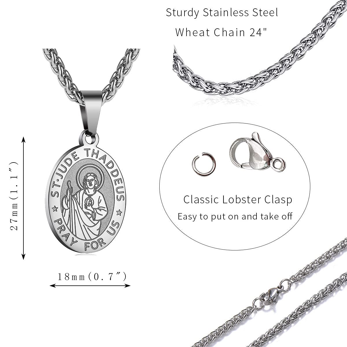P. BLAKE Stainless Steel St. Saint Jude Thaddeus Medal Necklace, Catholic Patron Religious San Judas Tadeo Necklace with Chain 2