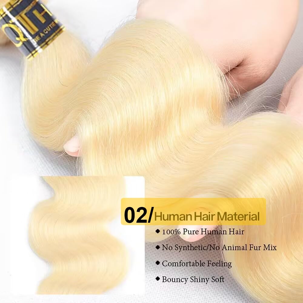 Qthair 613 Blonde Hair Bundles 8'' 10'' 12'' 300G 14A Grade Brazilian Virgin Body Wave Human Hair 3 Bundles 100% Unprocessed Vir