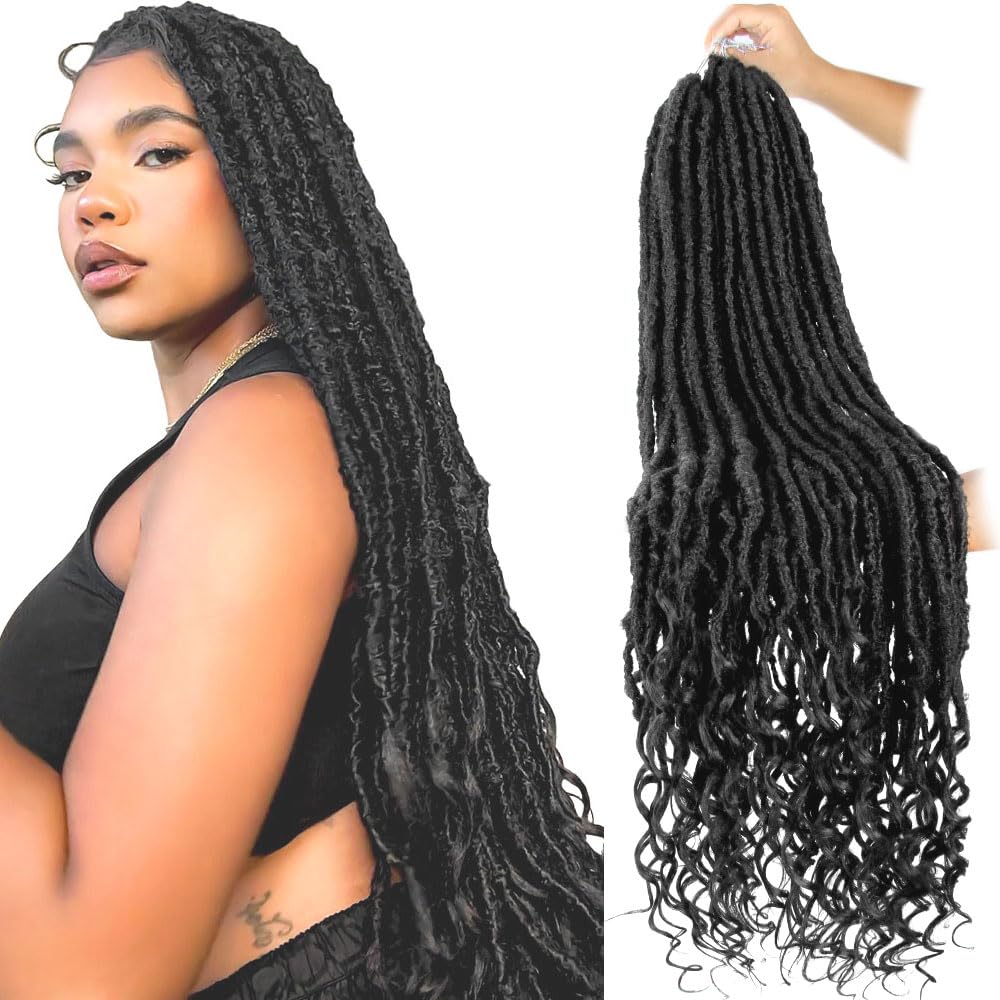 Niseyo Wild Locs 36 Inch Distressed New Faux Locs with Curly Ends 8 Packs Long Soft Pre-looped Goddess Locs Crochet Hair (2#, Of