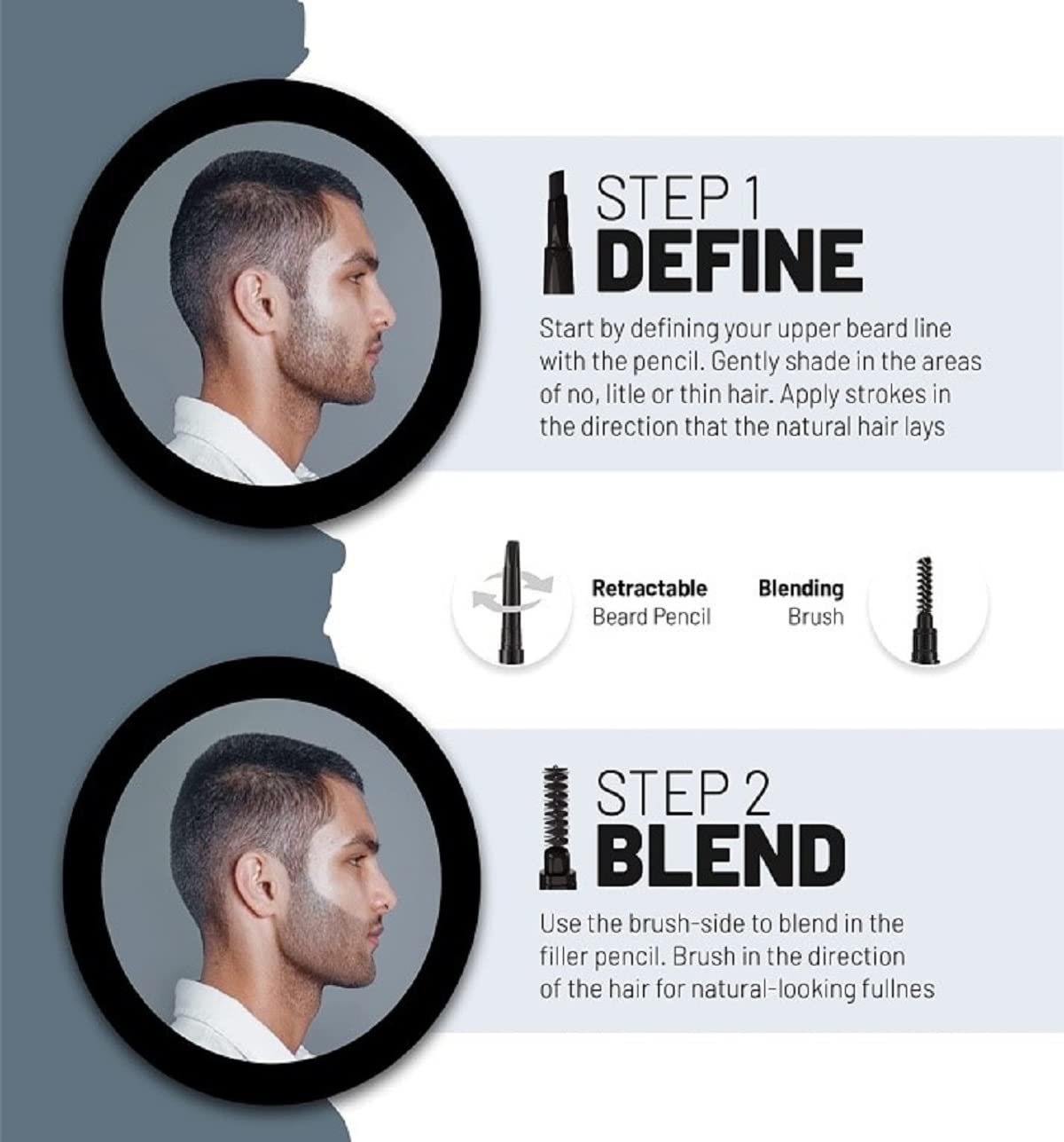 Void Homme Instant Beard Filler Pencil Kit For Fuller, Waterproof Beard (Light Brown)