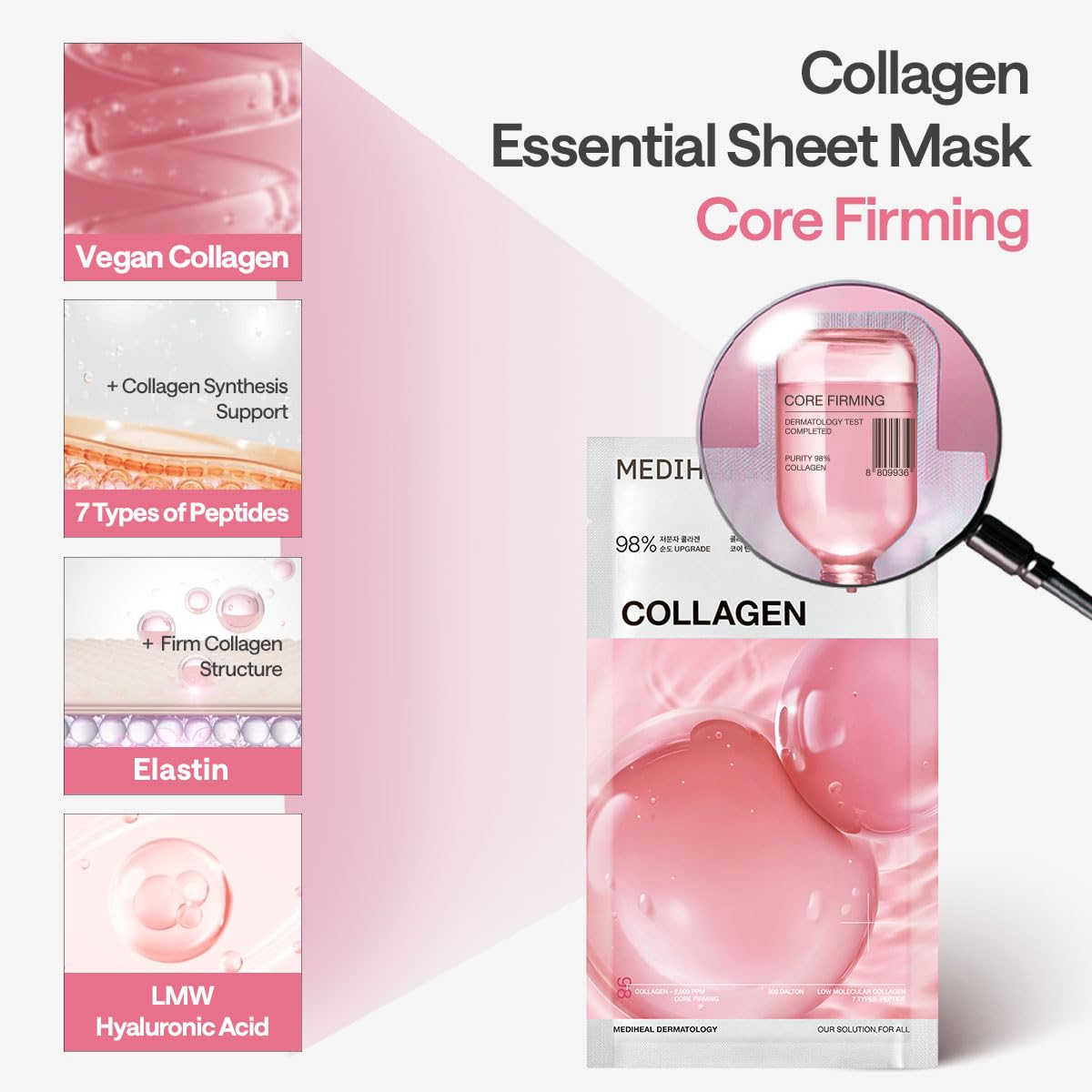 Mediheal Collagen Essential Sheet Mask Core Firming 10 pcs. 98% Vegan Collagen for firming, elasticity, and skin density improve