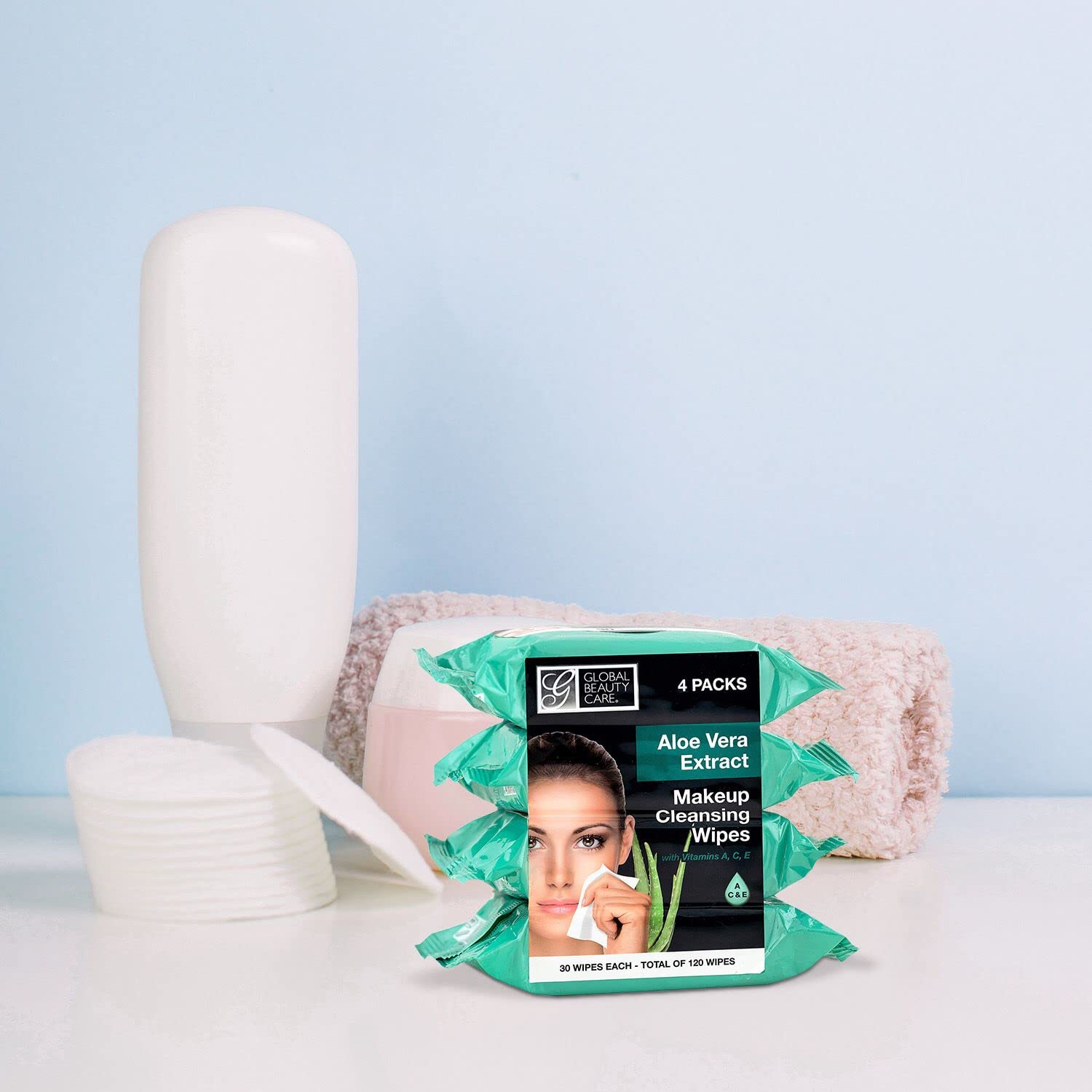 Global Beauty Care Cleansing Makeup Removal Wipes Bulk - Great For Travel Toiletries - 120 Count (4-Pack) (Aloe Vera)