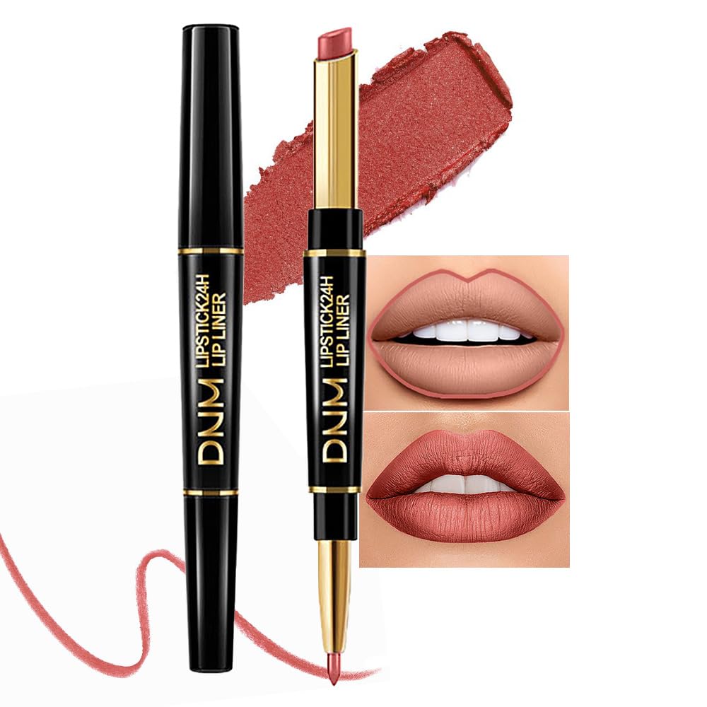 2 In 1 Rose Gold Matte Lip Liner & Lipstick Combination, Dnm Metallic Dual Ended Lipstick, Lip Liner, Lip Gloss, 24 Hour All Day