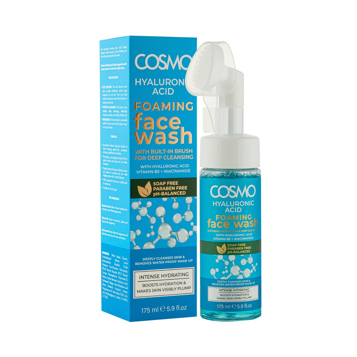 Cosmo Hyaluronic Acid Foaming Face Wash 175Ml, With BuiltIn Brush For Deep Cleansing, Paraben Free & Ph Balanced, Boosts Hydrat