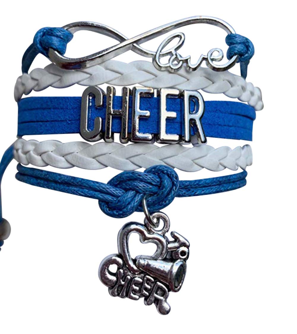 Cheer Bracelet- Cheerleading Charm Infinity Bracelet- Cheer Jewelry - Gift For Cheerleader, Cheer Team or Team (Blue/White)