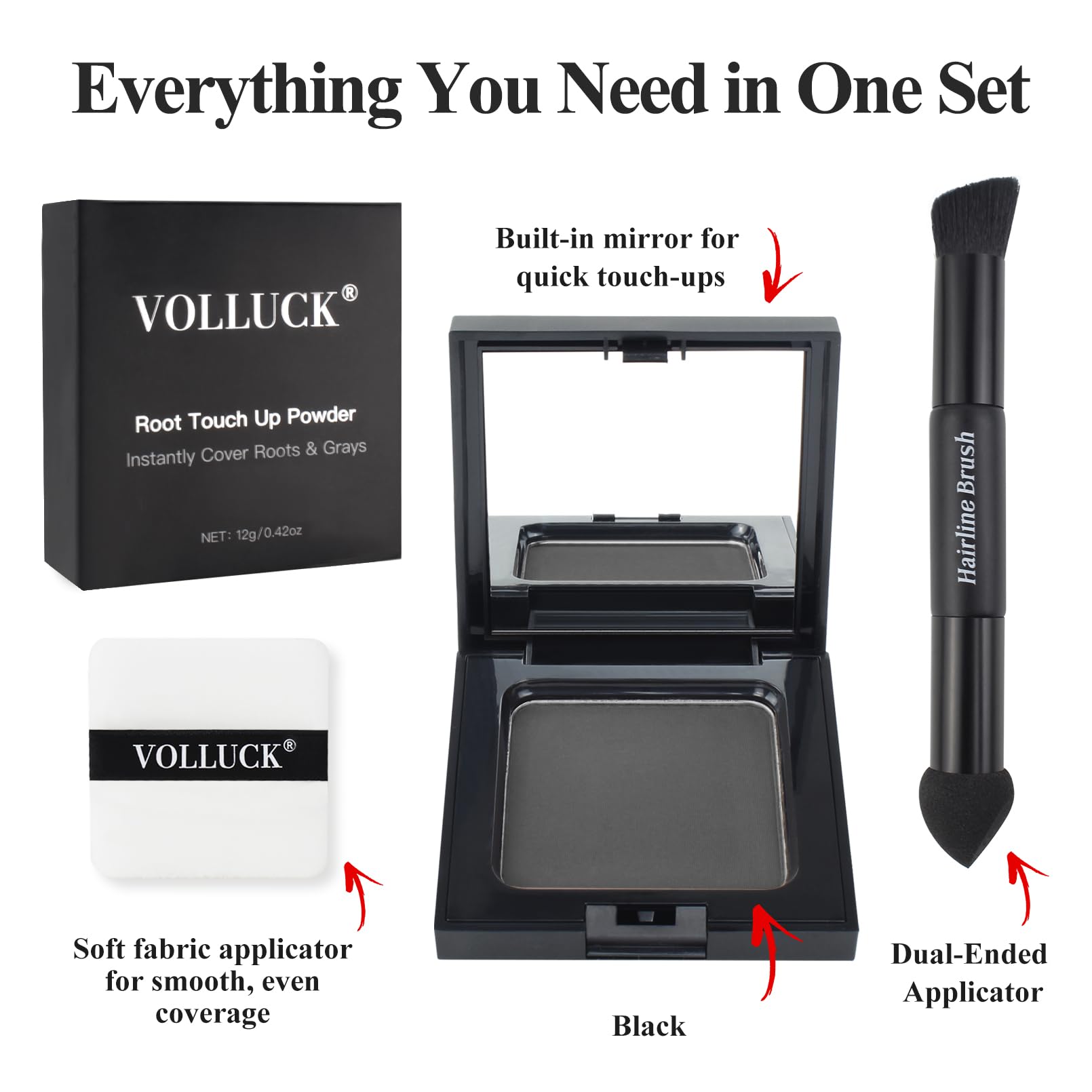VOLLUCK Root Touch up Powder, Long-lasting Gray Hair Cover up Powder for All Hair Types, Waterproof for Women and Men (Black, 0.