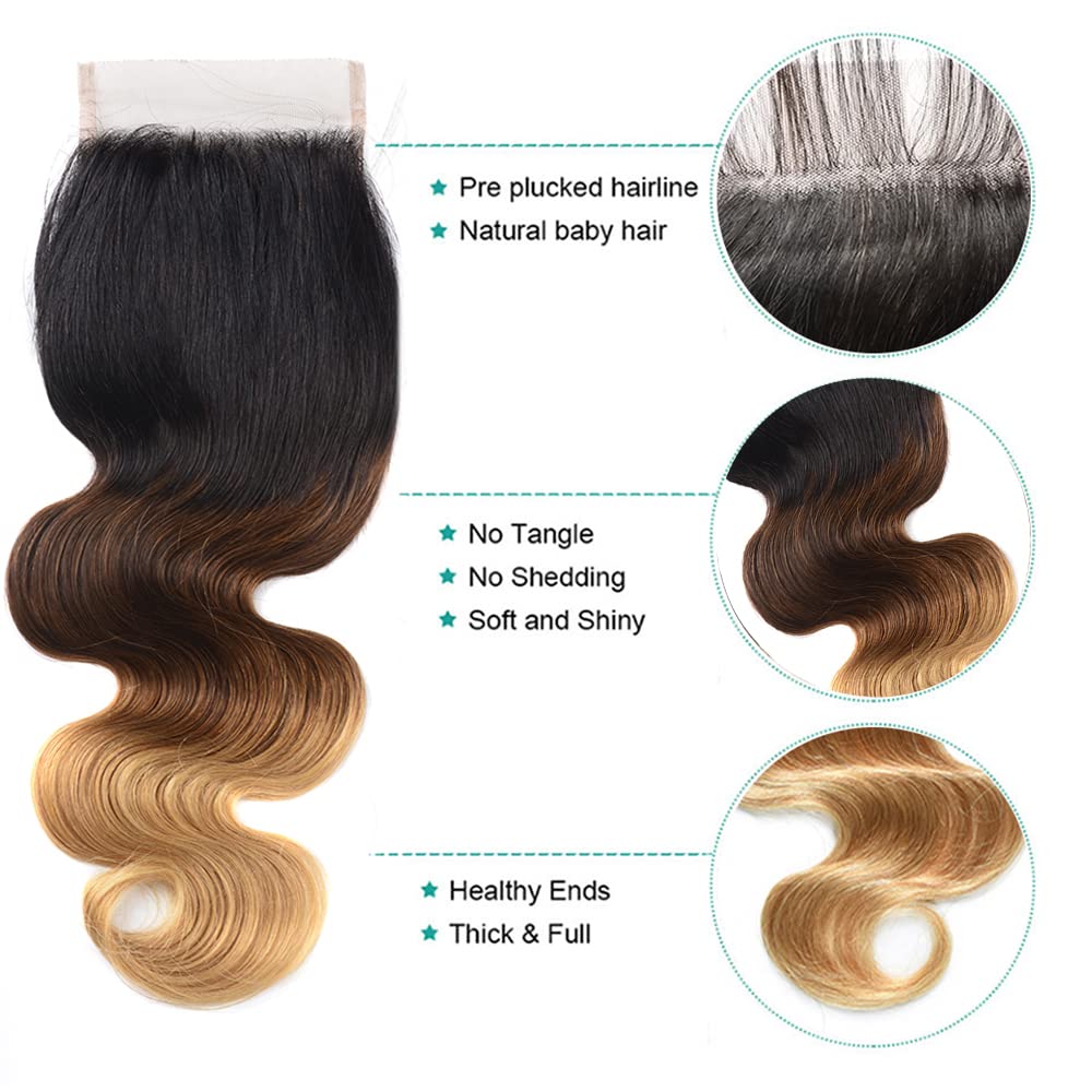 Ombre Body Wave Lace Closure 1B 4 27 Human Hair 4X4 Transparent Lace Pre Plucked Bleached Knots Free Part With Baby Hair Same Da