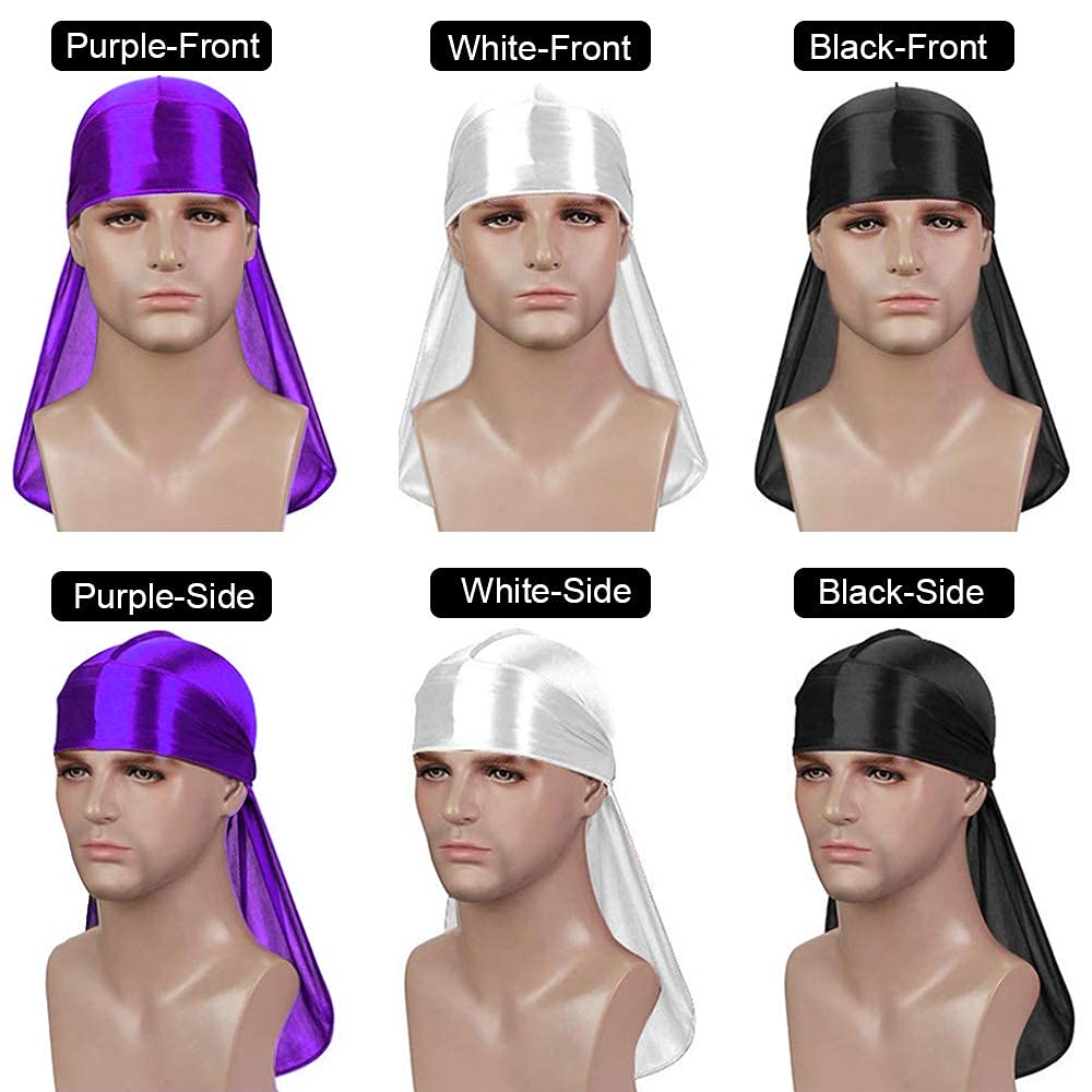 3Pcs Silky Durag Pack For Men Waves, Satin Doo Rag For 360 540 720 Waves, Award 1 Wave Cap (Purple+White+Black)