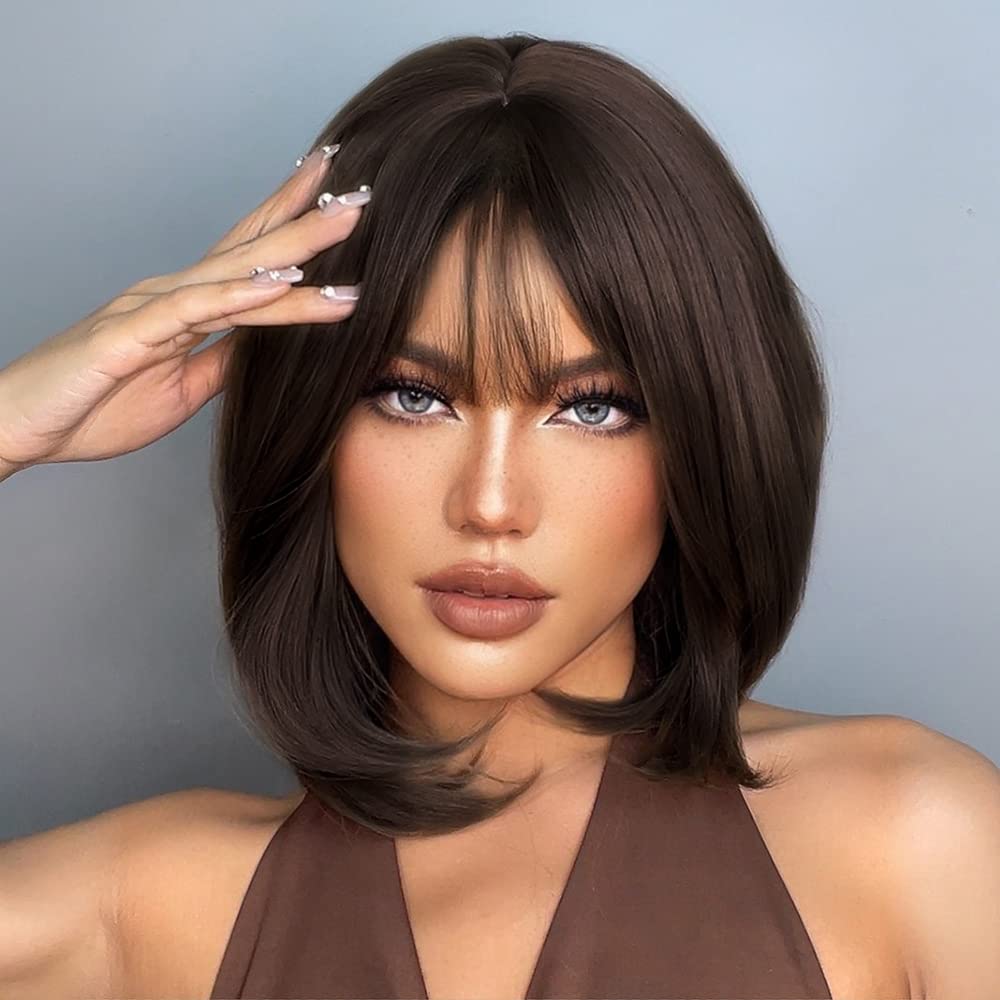 Haircube Bob Wig Short Dark Brown Wig With Bangs,Shoulder Length Synthetic Wigs For Women