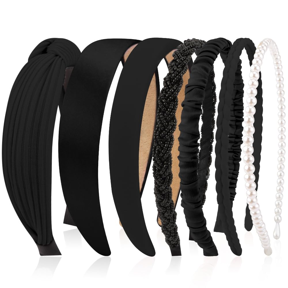 AHONEY 7 Pack Black Headbands for Women Girls Headbands Non Slip Hairbands Cute Hair Accessories Multi-style Headband Pack Diade