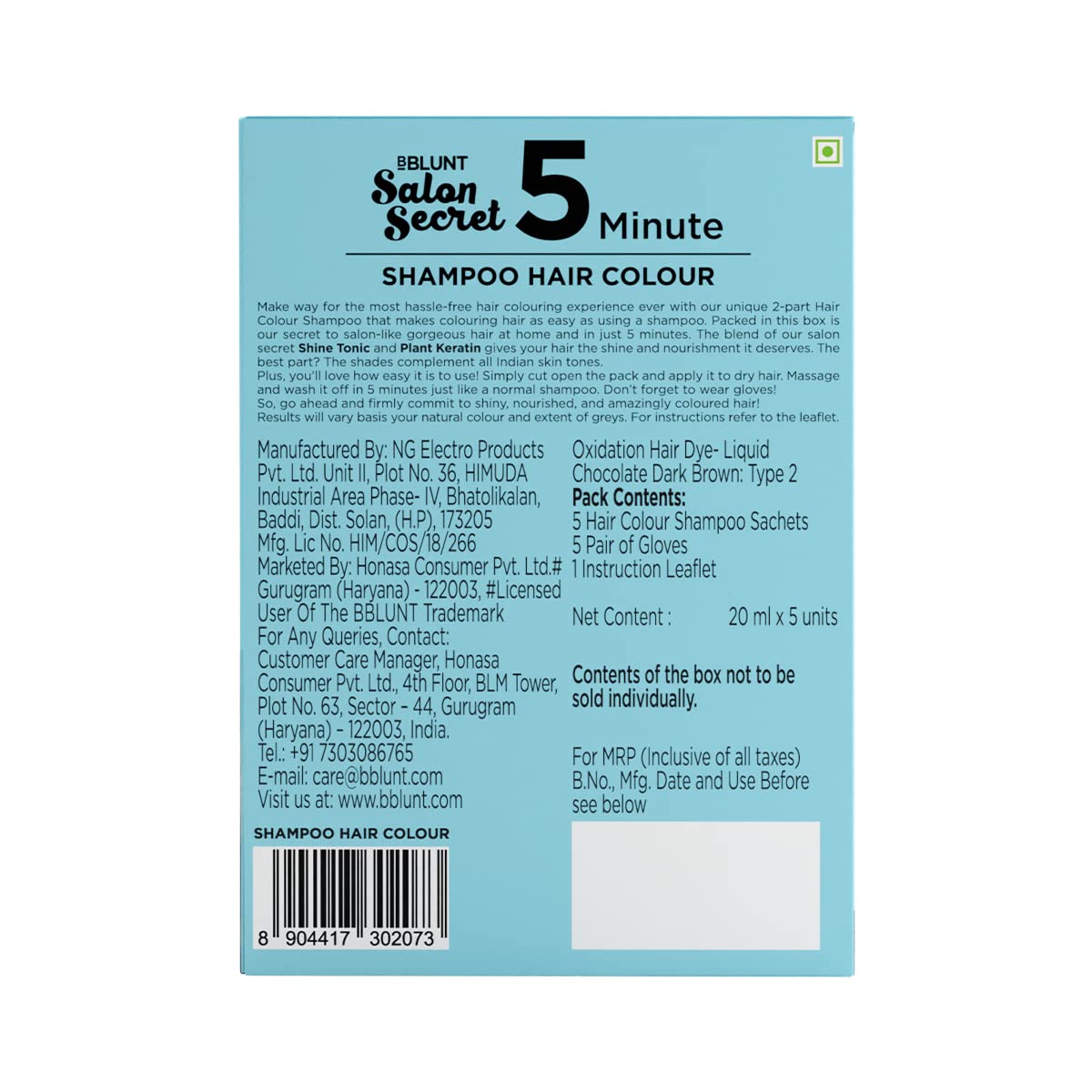 BBLUNT Chocolate Dark Brown 5 Minute Shampoo Hair Color for 100% Grey Coverage - 20ml X 5