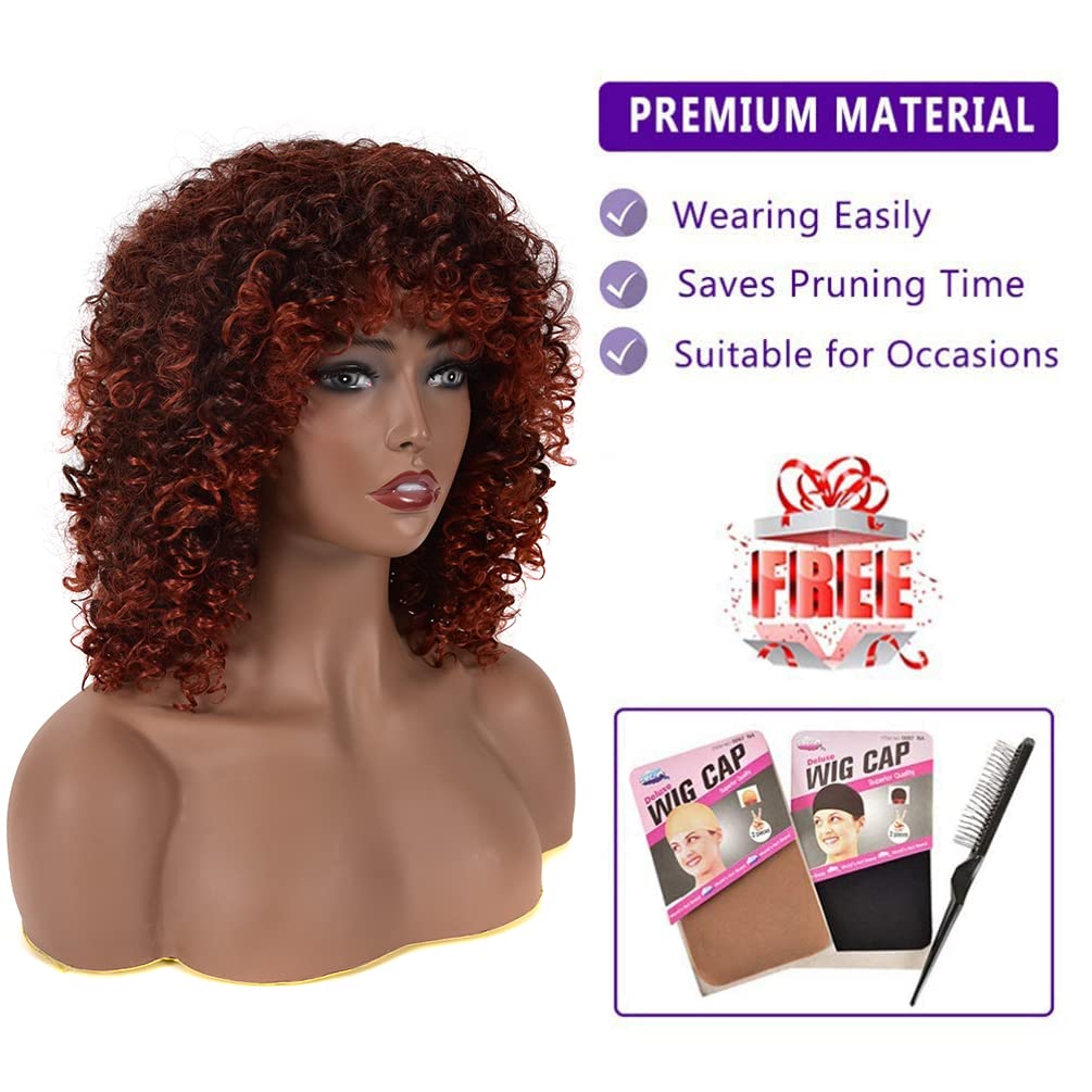 Yeame Curly Wigs For Black Women - Curly Afro Wig With Bangs Orange Mixed Brown Synthetic Hair Afro Curly Wigs With 1 Wig Comb A