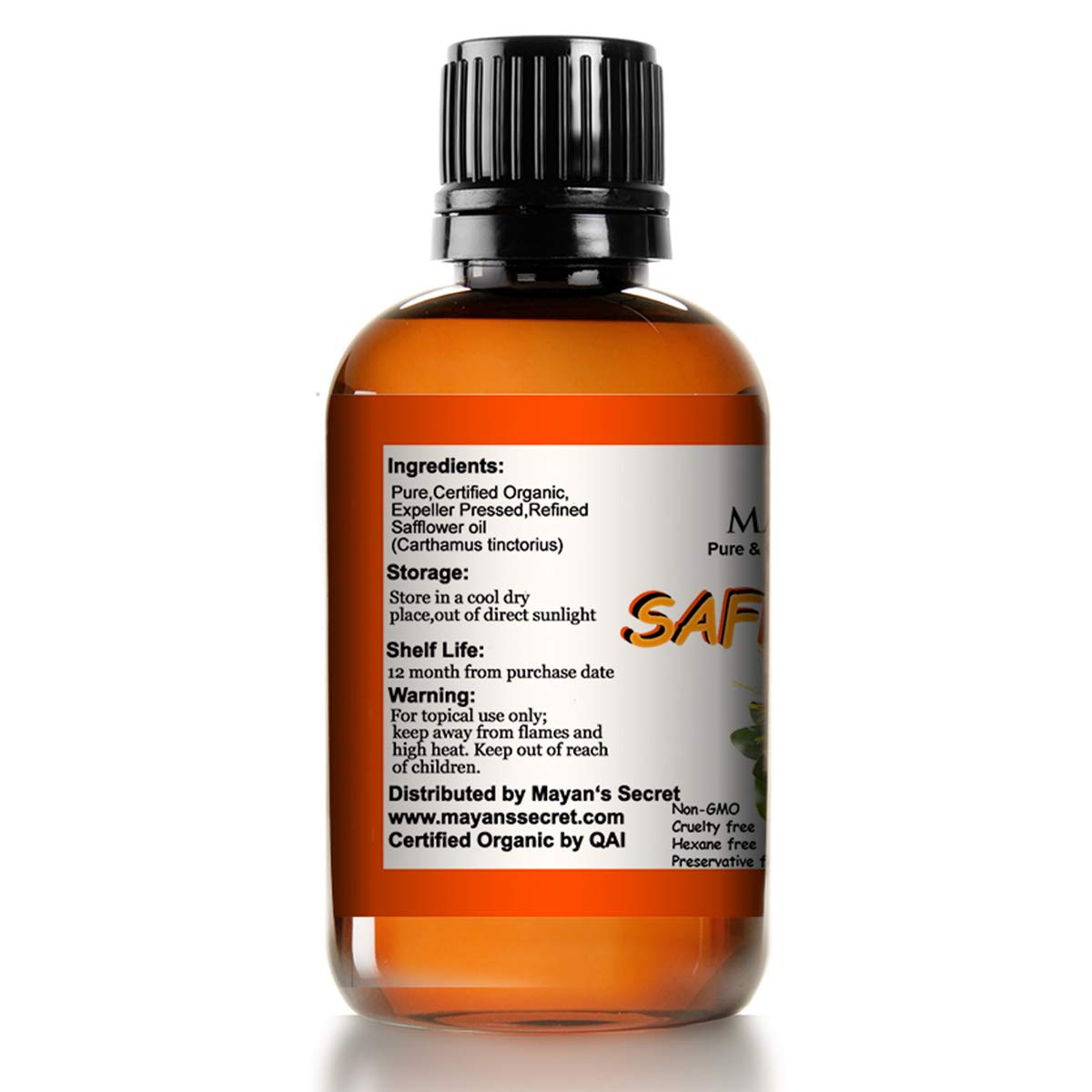 Mayan's Secret USDA Certified Organic Safflower Seed Oil High in Vitamin E and omega-6 fatty acids for anti-aging skin