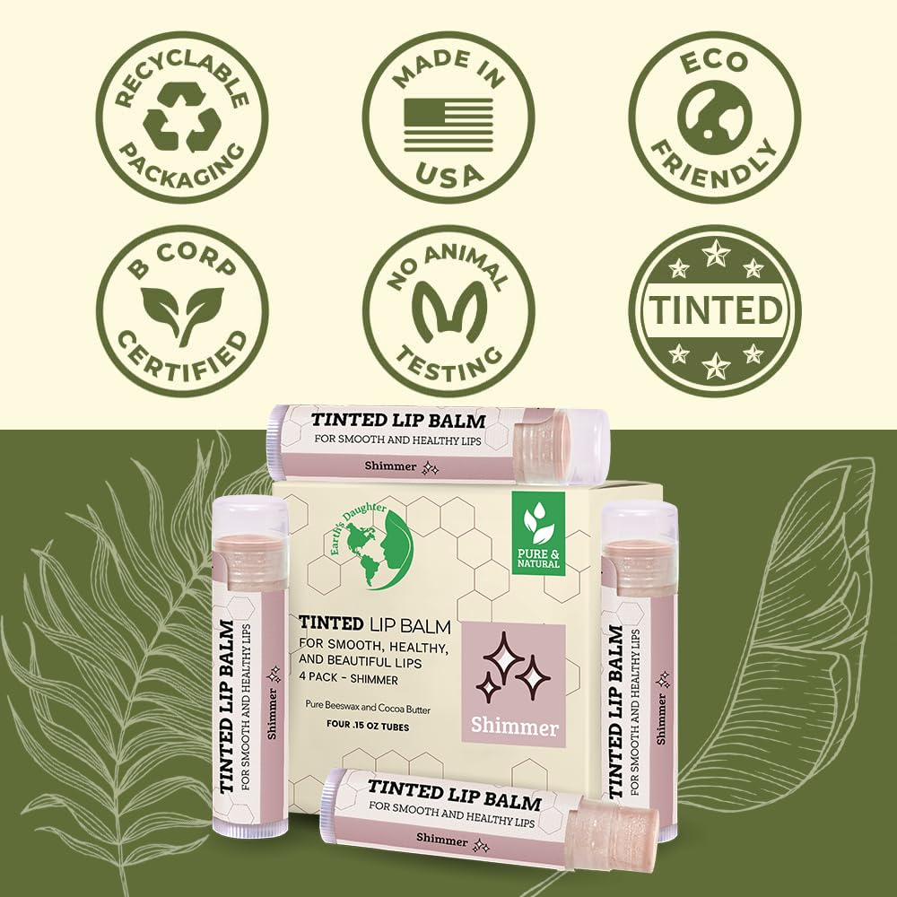 Tinted Lip Balm By Earths Daughter - 4 Pack Of Shimmer Tint - Beeswax, Coconut Oil, Cocoa Butter, Vitamin E - Moisturize And Bea