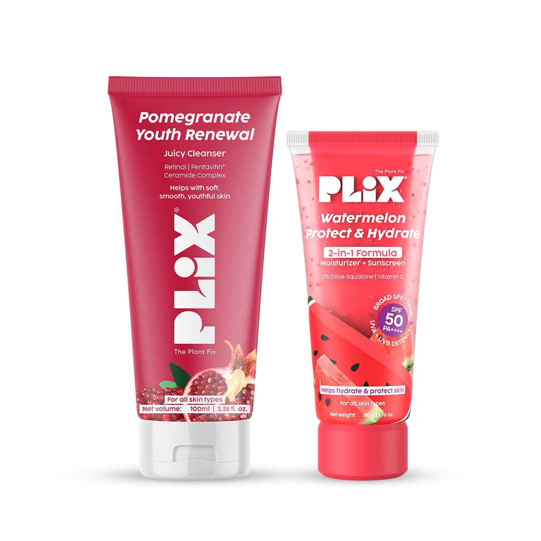 Plix The Plant Fix Pomegranate Youth Renewal Juicy Face Wash Cleanser & Watermelon Dual Sunscreen Moisturizer | Retinol Gs 50 |