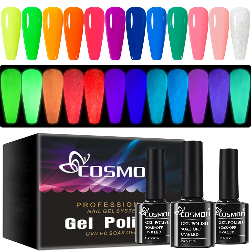 COSMOO 12PCS Glow in The Dark Gel Nail Polish, Luminous Neon Gel Nail Polish Set Hot Pink Yellow Purple Blue Fluorescent Bright 