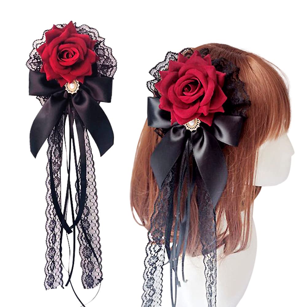 Rose Bow Hairpin Lace Ribbon ElegantCute Retro Handmade Hair Bride Accessories Birthday Halloween Cosplay Women Girl Decoration