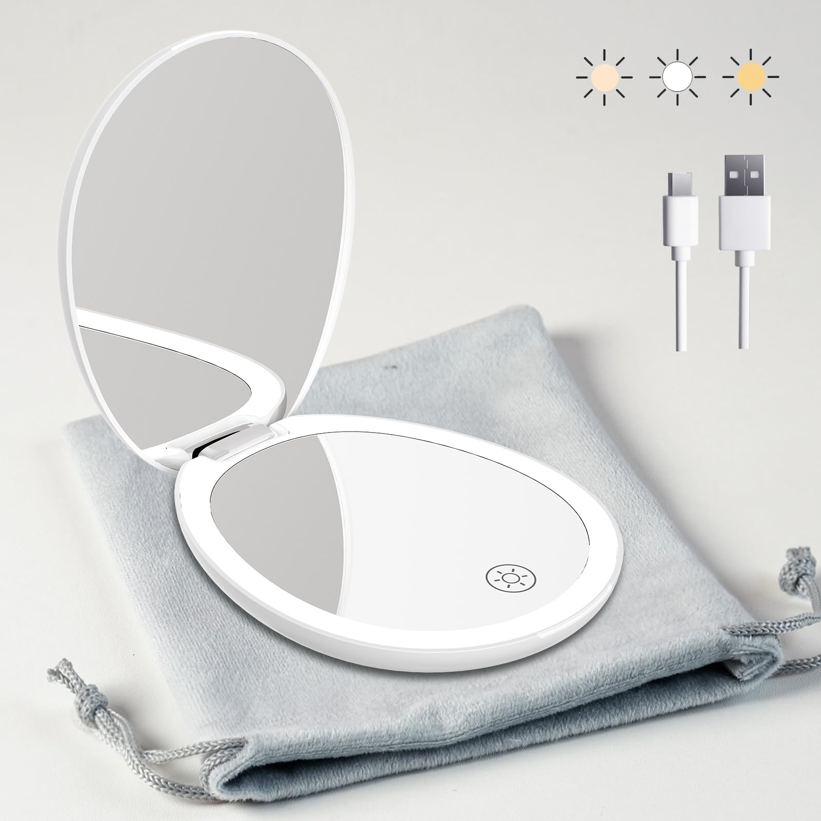 Funtouch Travel Makeup Mirror With Light,Led Small Purse Compact Mirror With Light,Lighted Compact 10X Magnifying Mirror, 2-Side