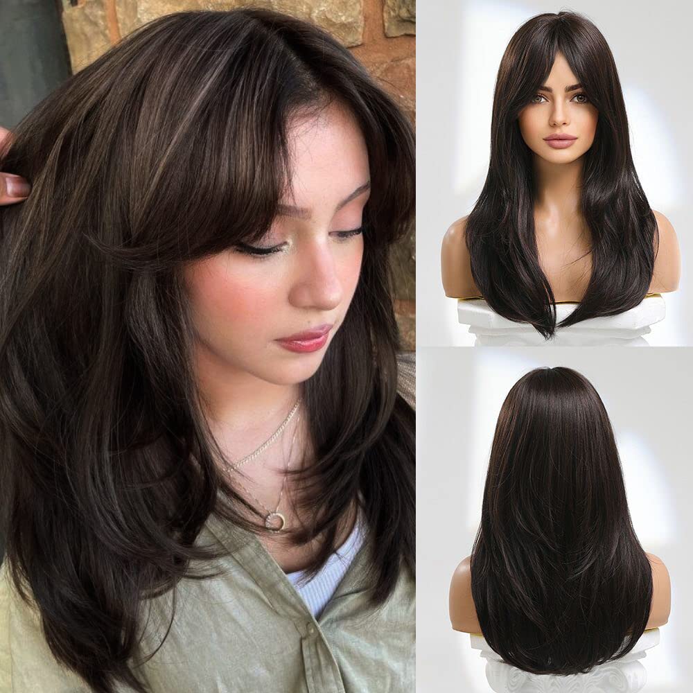 JOOLER Long Brown Hair Wigs for Women Layered Synthetic Curly Hair Wig With Bangs Middle Parting Natural Looking Realistic Wigs 