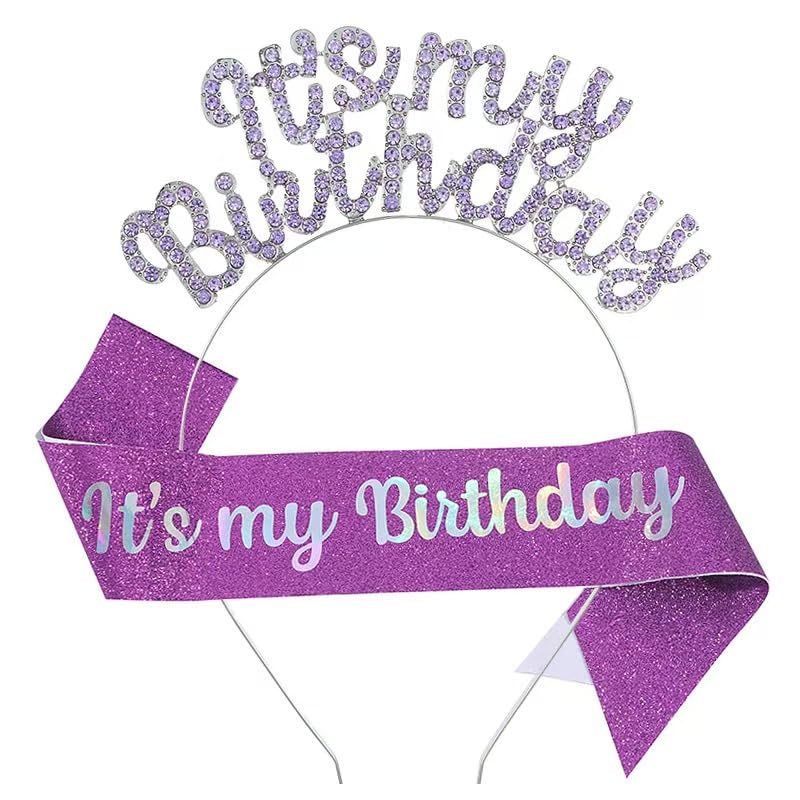 JIAHANG Birthday Crystal Letters Headband&Sash for Girls Women, It's my Birthday Crown Headband and Sash Set, Birthday Girl Hair