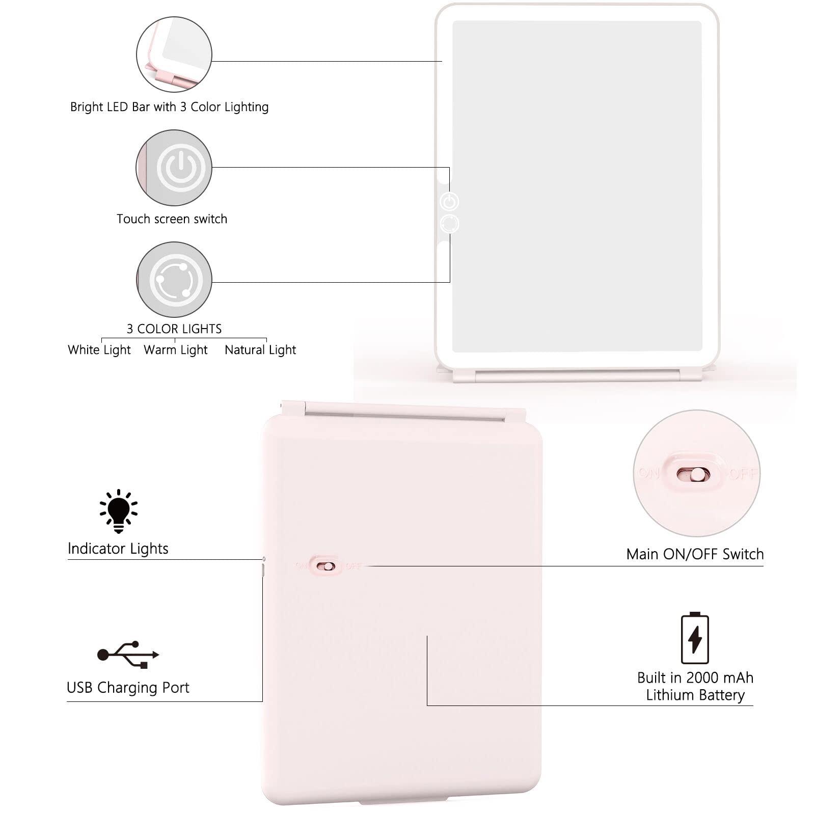 Weily Portable Travel Makeup Mirror With 72 Led Lights, Touch Screen Three Colors Dimmable Lighted Mirror, 2000 Mah Usb Recharge